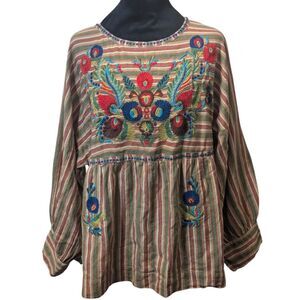 IVY JANE EMBROIDERED BOHO PEASANT BLOUSE STRIPED MULTICOLOR TASSEL WOMENS L